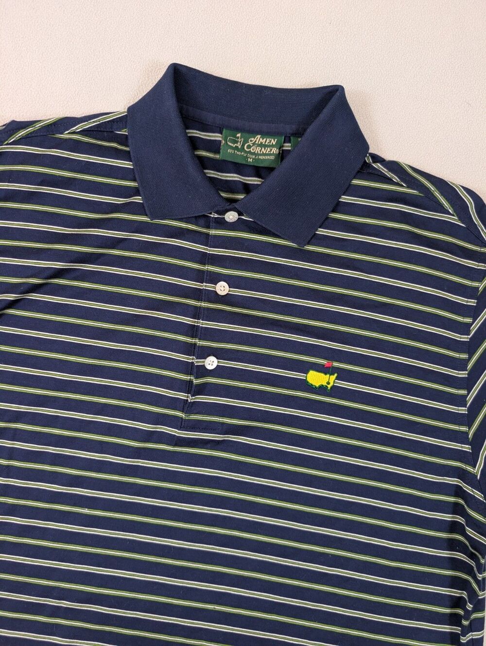 Masters Augusta Amen Corner 60s Pima Blue Striped Short Sleeve Golf Polo Shirt M